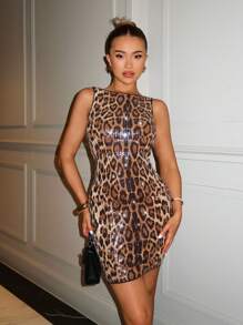 SHEIN BAE 女士露背无袖豹纹紧身优雅连衣裙 - 卡其色 - 查看 5