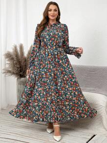 SHEIN Clasi Vestido largo de manga larga con estampado floral diminuto y cintura ceñida, talla grande, para mujeres, atuendo para maestras