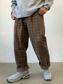 DAZY 男士格纹印花简约休闲裤，秋季灯芯绒 - 棕色 - 查看 7