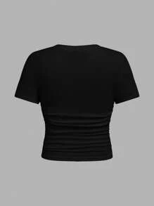 SHEIN Girlism Tween Girl Street Wear Crew Neck Ruched Short Sleeve Top - Black - View 2