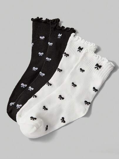 Kawaii 2pairs Women All Season Black & White Bowknot Lace Trim Mid-Calf Socks
