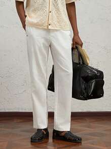 Manfinity VCAY Men's Woven Fit Elastic Waist Long Straight Casual Pants Suitable For Daily Autumn - White - View 5
