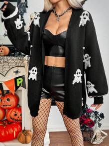 Chiquease Halloween Women's Cute Ghost Pattern Cardigal With V-Neckline Fall Winter Cloth For Women - Black and White - View 1