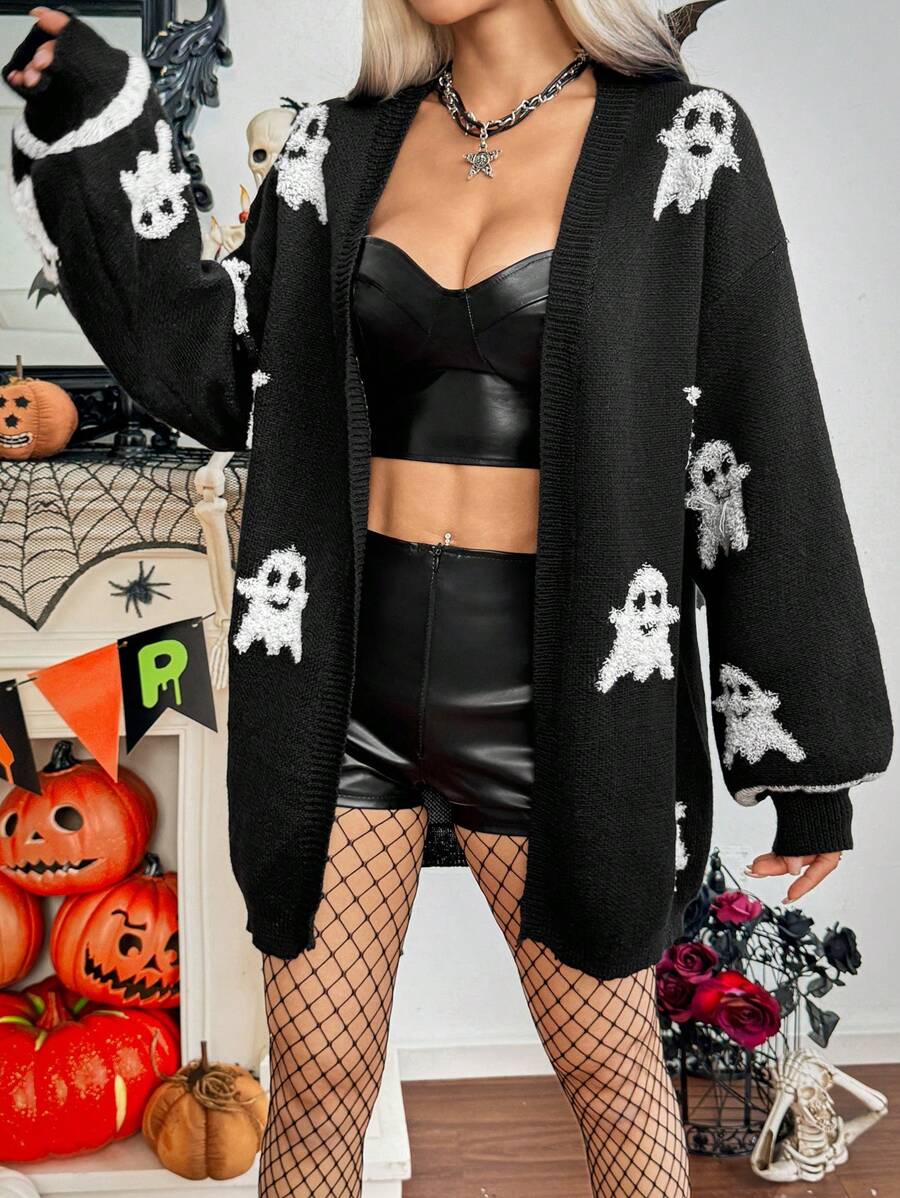 Chiquease Halloween Women's Cute Ghost Pattern Cardigal With V-Neckline Fall Winter Cloth For Women - Black and White - View 1