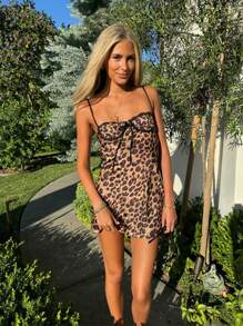 INAWLY Dames luipaardprint eenvoudige casual mini-slipjurk
