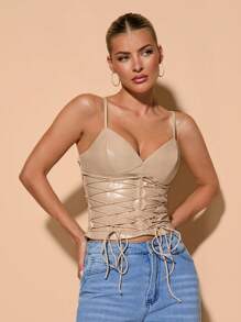 SHEIN BAE Women's Sleeveless Sexy PU Leather Top With Strappy Chest And Waist Details, Autumn/Winter - Apricot - View 4