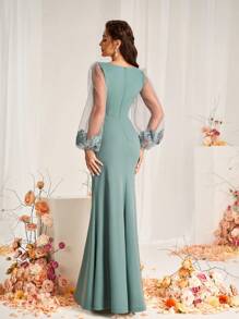 SHEIN Belle 优雅浪漫的薄荷绿色网眼透明袖子贴花腰部褶皱及地长度伴娘礼服，长袖礼服 - 薄荷綠 - 查看 3