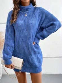 SHEIN LUNE New American Casual Style High Neck Pullover Knitted Bodycon Blue Sweater Dress
