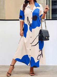 EMERY ROSE Vestido camisero de talla grande con estampado aleatorio, para primavera y otoño, atuendo casual para mujeres - Albaricoque - Ver 6