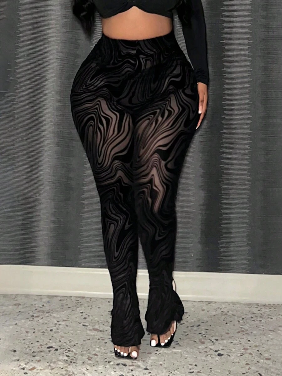 Slaydiva Leggings transparentes con efecto flockado de mujer, de uso casual/ajustado - Negro - Ver 1