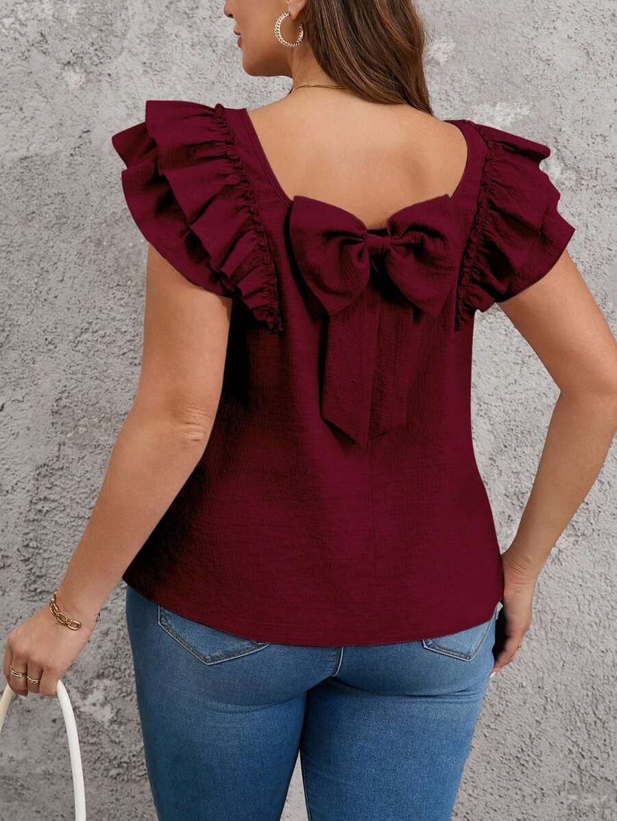 SHEIN Clasi Plus Size Casual Loose Bowknot Decor Double Layer Cap Sleeve Square Neck Blouse