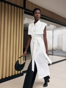 BizChic 白色宽肩带腰带单排扣宽松夏季风衣商务休闲女装 - 白色 - 查看 2