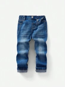 SHEIN Young Boy Casual Distressed Washed Wide Straight Leg Blue Jeans, Suitable For Daily Wear - Medium Wash - View 4