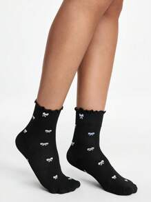 ROMWE Kawaii 2 双女式四季黑白蝴蝶结蕾丝边中筒袜 - 黑與白 - 查看 5