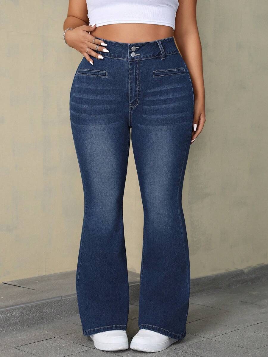 SHEIN ICON Plus Size Women's Button Front Casual Everyday Denim Flare Pants - Dark Wash - View 1