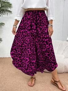 SHEIN VCAY Plus Size Asymmetrical Hem Leopard Print Wide Leg Pants, Casual