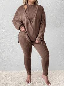 SHEIN LUNE Plus Size Xuân Thu Thường Ngày Dệt Kim Có Gân Áo Dài Tay Và Quần Bộ 2 Chiếc - Màu Khaki - Xem 3