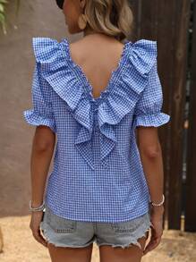 SHEIN LUNE Shirred Ruffled Plaid Casual Shirt