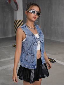 SHEIN 少女宽松蓝色牛仔蝴蝶结背心 - 淺色水洗藍 - 查看 4