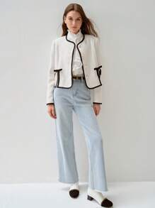 Enchnt Autumn Romantic Women's Sweetheart Contrast Color Bow-Decor Hem Elegant Short White Tweed Jacket