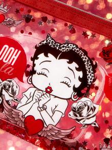 Betty Boop x SHEIN Estuche de cosméticos transparente brillante con personajes de dibujos animados y estampado floral de rosas, regalo para el amante