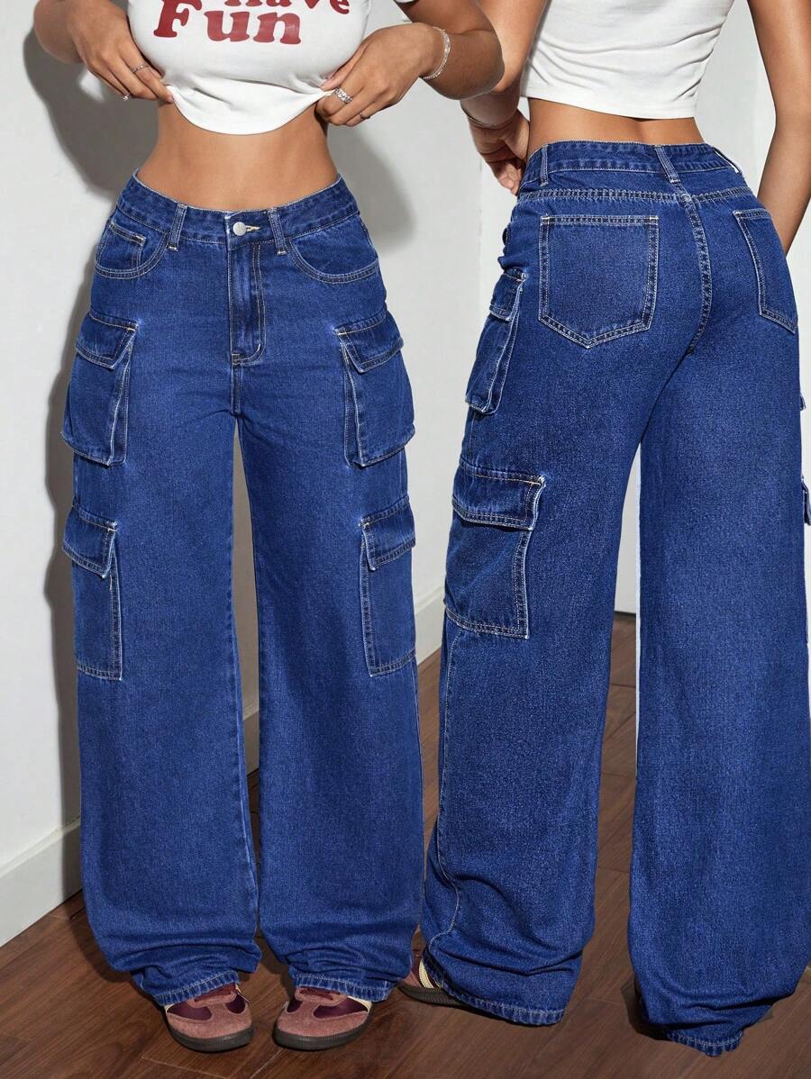 SHEIN Tall Women Multiple Cargo Pockets Wide Leg Loose Casual Jeans
