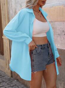 EMERY ROSE Women's Solid Long Sleeve Loose Casual Office Blouse, Spring & Summer Women Shirt - Baby Blue - View 4