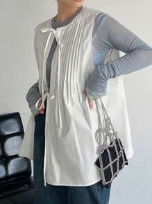 FRIFUL Women Summer Solid Color Front Tie Pleated Sleeveless Loose Shirt - White - View 2
