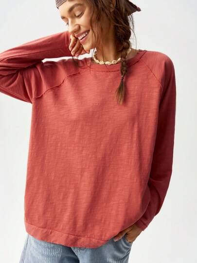 Bohemela Vacation Solid Color Knitted Round Neck Dolman Sleeve Long Loose Women T-Shirt