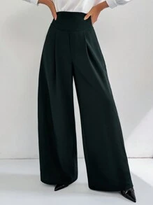 Modelyn Quần ống rộng dáng rộng xếp ly lưng cao màu trơn thanh lịch cho nữ - Màu xanh lá cây đậm - Xem 5