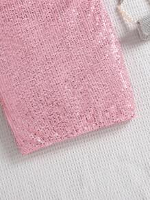 SHEIN Tween Girls Elegant Net Pearls Embroidery Spaghetti Strap Fitted Dress - Pink - View 5