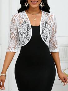 SHEIN Lady 秋冬休闲优雅工作黑色蕾丝女士夹克 - 白色 - 查看 2