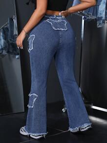 SHEIN ICON Quần Jeans Denim Xòe Túi Rách Cỡ Lớn Cho Nữ - Màu xanh lam - Xem 2