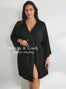 Ocili Bata larga de manga larga negra cómoda y suave de talla grande, para otoño e invierno, atuendo acogedor - Negro - Ver 1