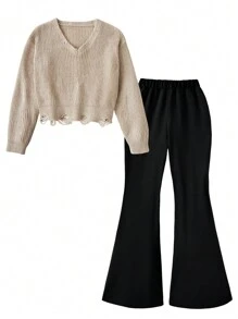 2 件 Tween Girl 破洞 V 领毛衣和阔腿裤套装，休闲街头装