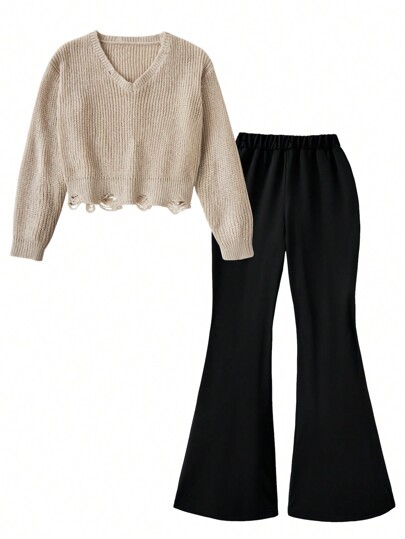 2pcs Tween Girl Distressed V-Neck Sweater And Wide-Leg Pants Set, Casual Cool Streetwear Outfit Farewell School Beige Black Autumn Pullover