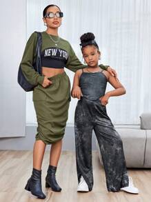2pcs Tween Girl's Washed Effect Camisole And Wide-Leg Pants Set - Black - View 8