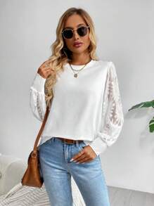 SHEIN LUNE 女士白色圆领蕾丝拼接休闲衬衫，休闲款 - 白色 - 查看 3