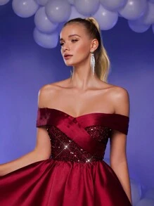 SHEIN Belle Vestido de satén con parches de lentejuelas color vino tinto elegante y lujoso, con hombros descubiertos y bajo exagerado, adecuado para bodas, fiestas, vacaciones y eventos (muy adornado), vestido de baile semiformal, para cumpleaños, invitados de boda, graduación y regreso a casa - Burdeos - Ver 4