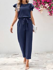 SHEIN Clasi 2pcs Women's Round Neck Ruffle Short Sleeve Shirt & Detachable Belted Pants Set - Navy Blue - View 6