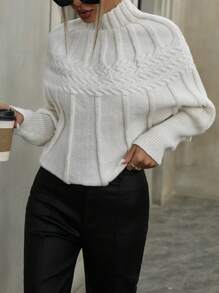 Aveloria Stylish High Collar Textured Batwing Sleeve Cropped Sweater Knit Pullover Fall Winter Outfit - Beige - View 5