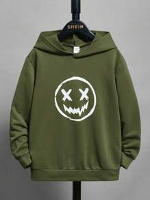 SHEIN Tween Boy's Cartoon Graphic Hooded Sweatshirt, Spring/Autumn - Army Green - View 1