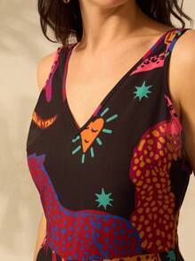 CAJUNI Phụ Nữ Kỳ Nghỉ Cổ Chữ V Nhiệt Đới Colorfal Da Báo Không Tay Đen Thẳng Thường Ngày Mùa Hè Rời Jumpsuit - Nhiều màu - Xem 9