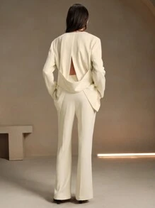 Anewsta New Style Fashion Single-Breasted Collarless Slit Tie Waist Slim Jacket Suit - Apricot - View 2