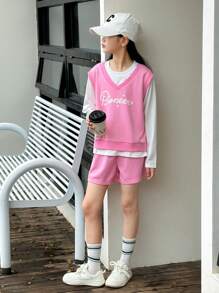 SHEIN Conjunto casual de estilo coreano color rosa para niñas preadolescentes, incluye camiseta sin mangas y pantalones cortos - Rosa - Ver 3