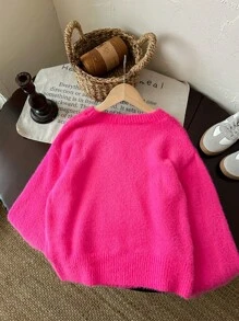 LMoss Kids Tween Girl Star Pattern Round Neck Drop Shoulder Sweater, Sibling Outfits,In Fall/Winter - Hot Pink - View 7