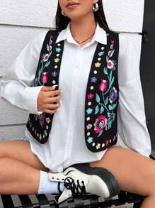 Flirla Plus Size Women's Vest, Colorful Floral Embroidered Jacket - Black - View 4