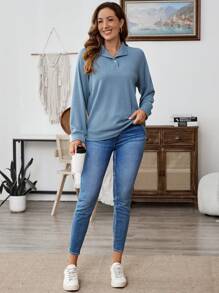 EMERY ROSE Áo nỉ dài tay đơn giản giản dị dành cho nữ - Màu xanh lam - Xem 6