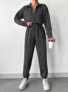 EURMUSE Women's Zipper Half Placket Sweatshirt And Pants Set - Dark Grey - View 6