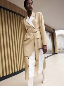 BizChic Women's Colorblock Lapel Long Sleeve Waist Tie Casual Asymmetric Belted Blazer